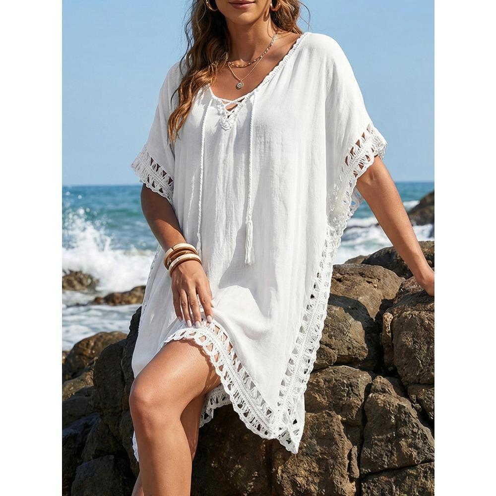 

Dress, Beach Dress, Women s Clothing, Crochet Pattern, Patchwork, Drawstring, Loose Beach Bikini Top One size білий