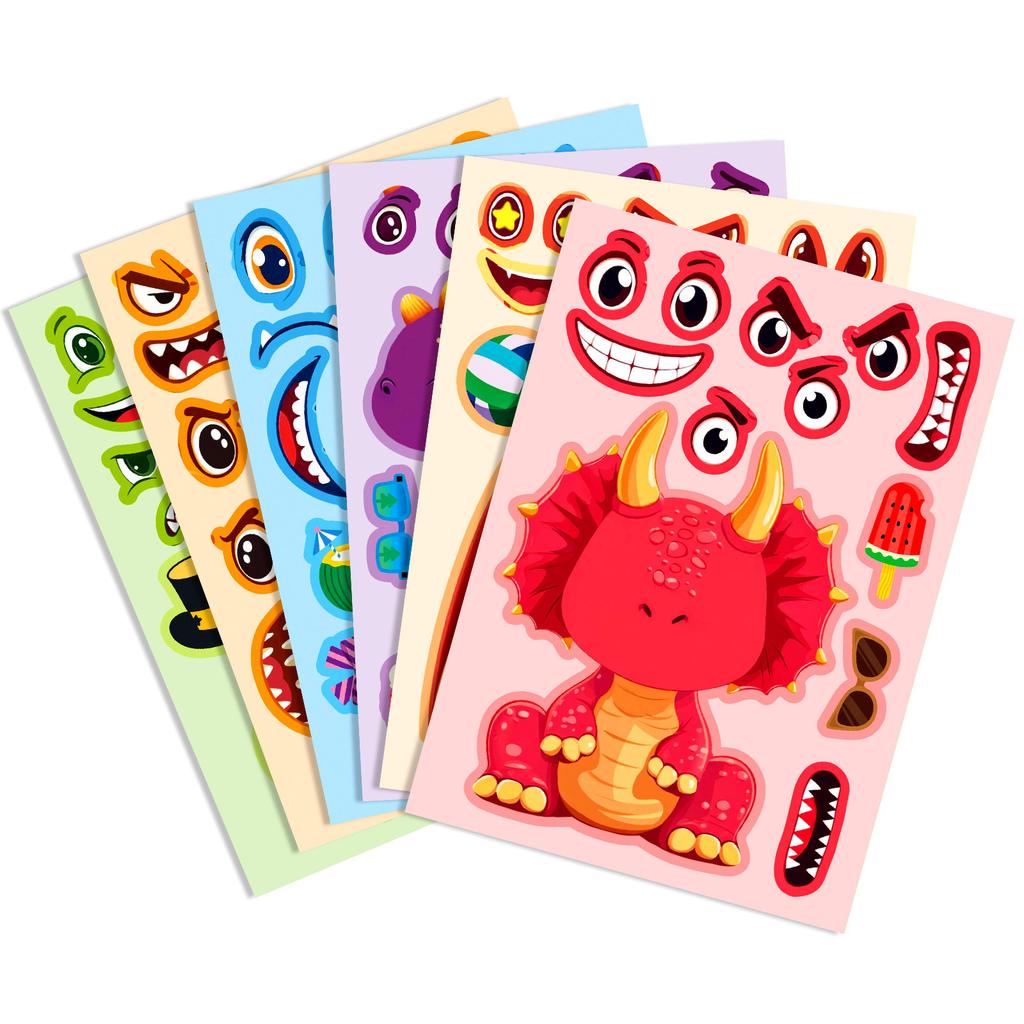 6Pcs Dragon DIY Cute Cartoon Puzzle Sticker Creative Animals Make A Face Assembly Stickers Children's Toys