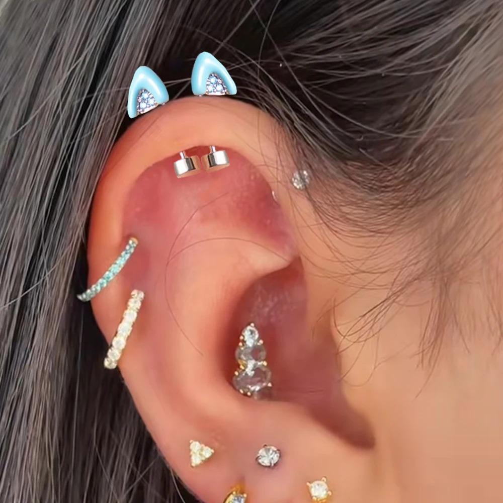 Modny Uroczy Kolczyk do Chrząstki Ucha w Kształcie Kociego Ucha Pływający Piercing Helix Stal Tytanowa Zawieszka Gwiazda Serce Cyrkonia Tragus Ucho Cyrkonia