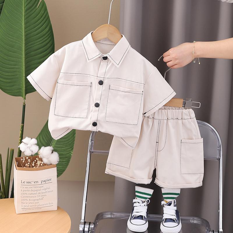 Kids Boy Summer Clothes Solid Worker Wear Children Clothing Boy Short Sleeve Cartoon T-Shirts Short Pants Tracksuit Suit Set