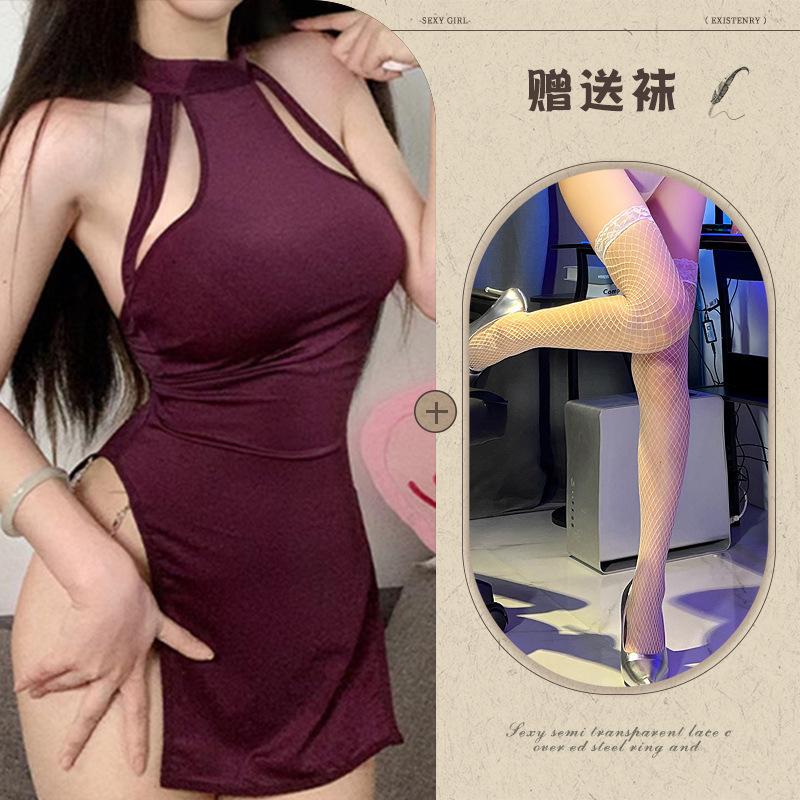 Sexy lingerie women's backless temptation neck-hanging slim women's suspender nightgown pure desire without uniform