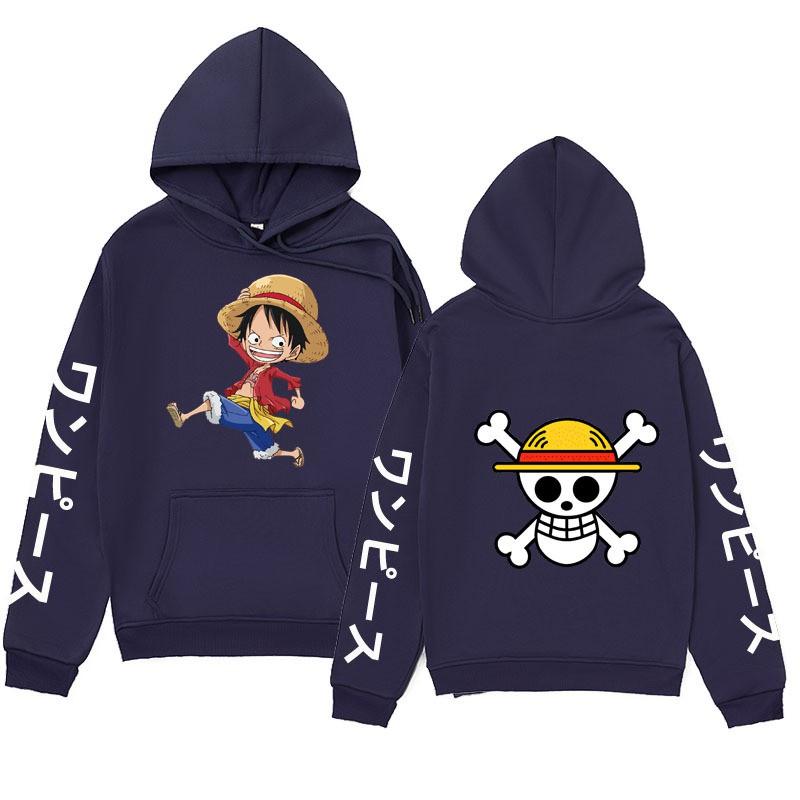 Mens One Piece Luffy Printed Hoodie Streetwear Anime Sweatshirt Winter Fleece Lined Oversized Pullover