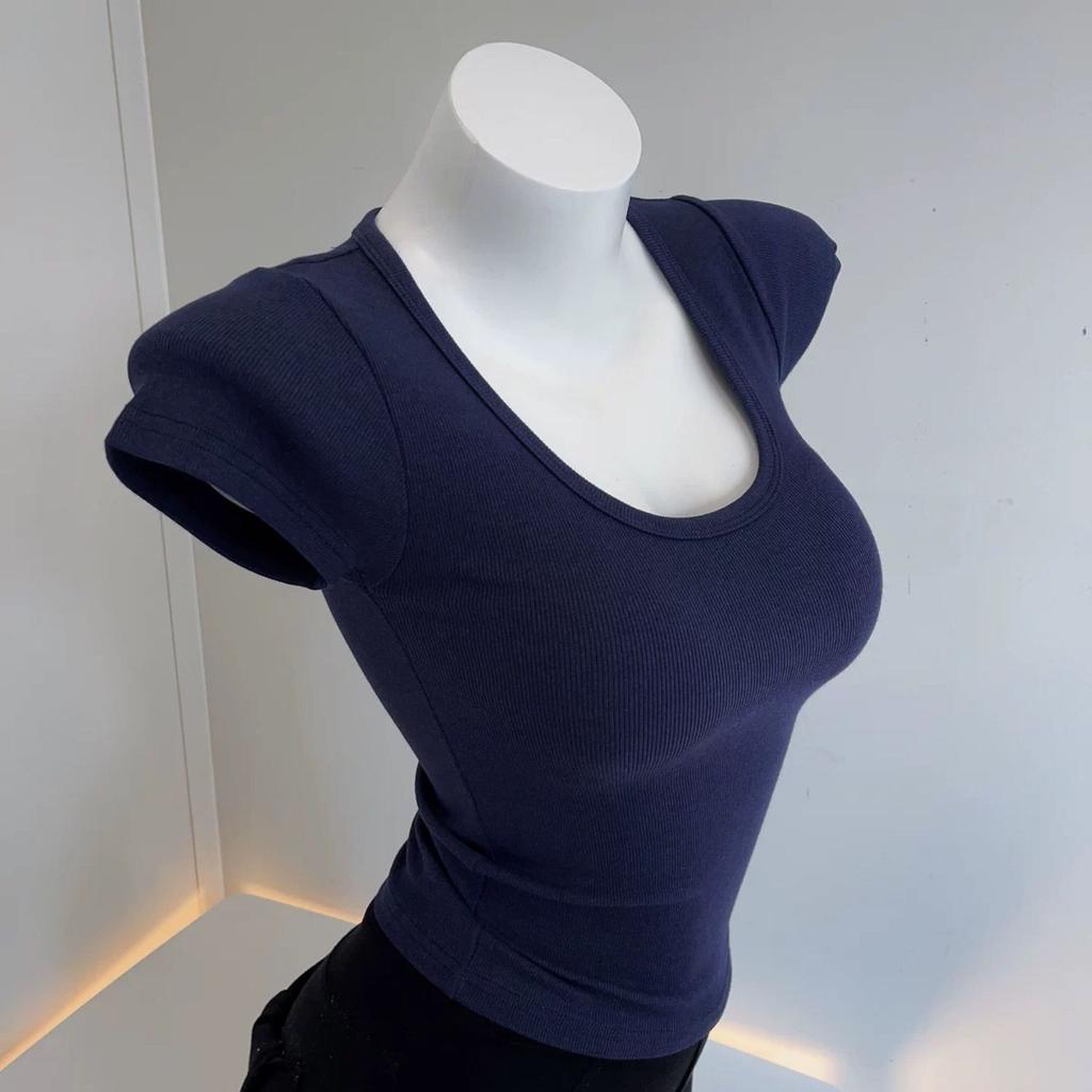 Slim Fit BM Style Threaded Large U-neck for Slimming and Breathable Solid Color Short Sleeves