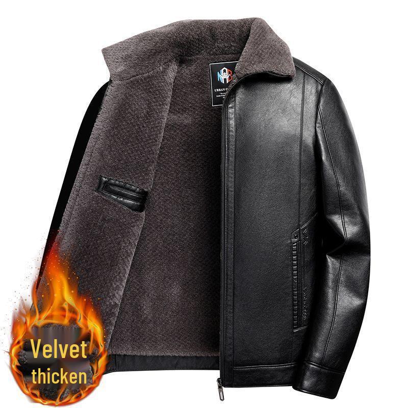 Thickened Lambskin Leather Jacket with Fur Lining for Middle-Aged and Elderly Men