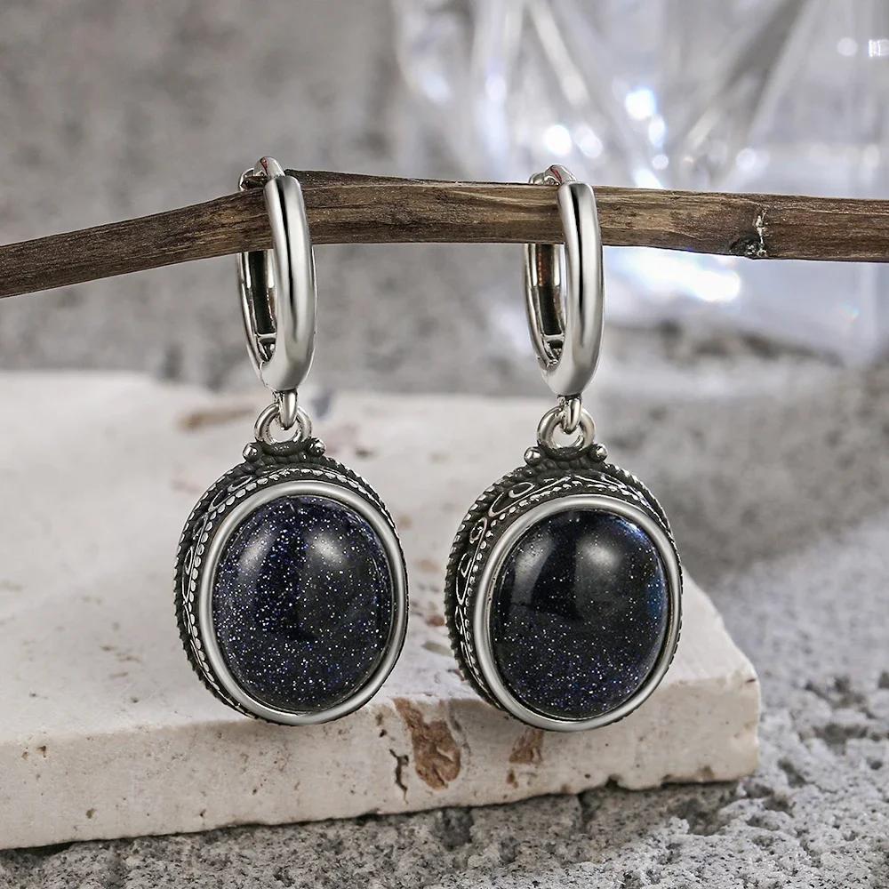 Vintage 925 Silver Natural Labradorite Earrings with Blue Light 10*12mm Big Stone Hoop Earrings Fine Jewelry for Women