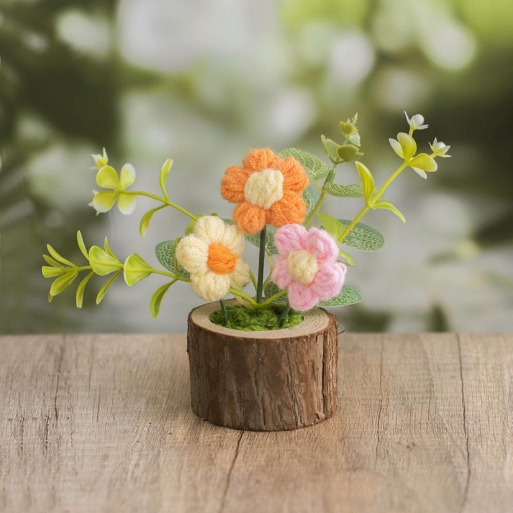Hand-woven Knitted Flowers Potted Sunflower Tulip DIY Craft Artificial Flower Cute Design Colorful Handmade Plant Decor