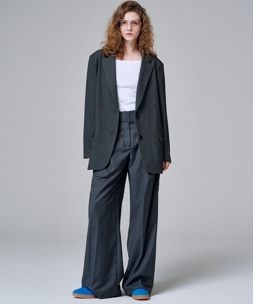 MALOUPE 2155 Single-Pleat Belted Wide Pants (Dark Gray)