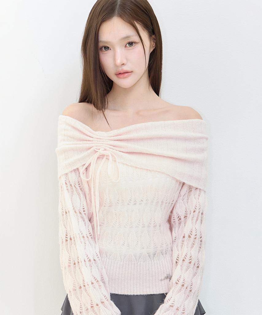 ILLIGO Punched Loose Off-Shoulder Knit Pink