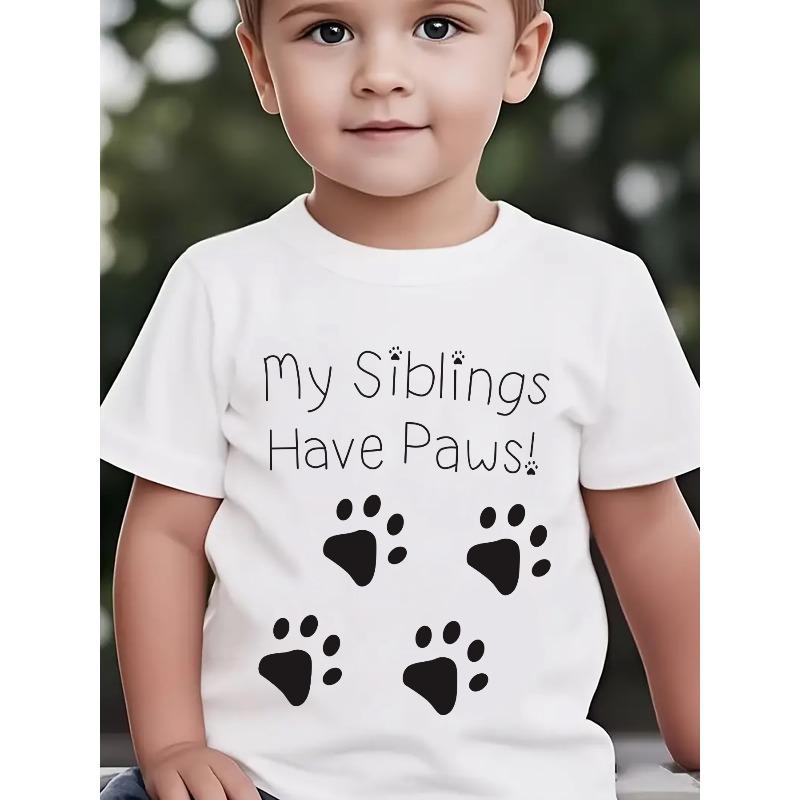 European sizes Boys Summer Fashion Short Sleeve T-Shirt MY SIBLINGS HAVE PAWS Paw Print Cartoon Print Casual