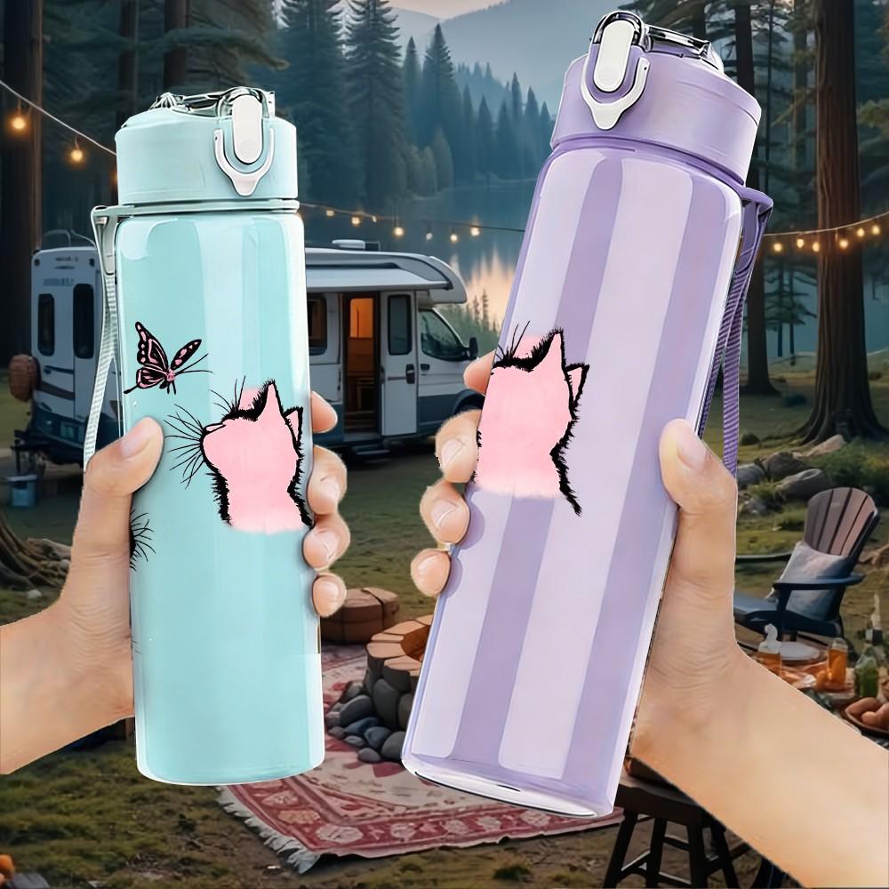 1PC Black White Cat Paw Kitten Print 750ml Color Plastic Sports Water Bottle Leakproof Flip Straw Lid Suitable for Sports Office Home Use