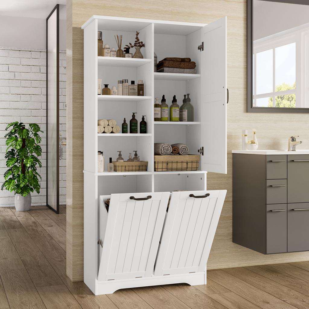 78 x 35 x 172 cm Bathroom Cabinet, Moisture-Resistant Paint, Double Laundry Basket, Four Open Compartments, One Door, Adjustable Shelves, White