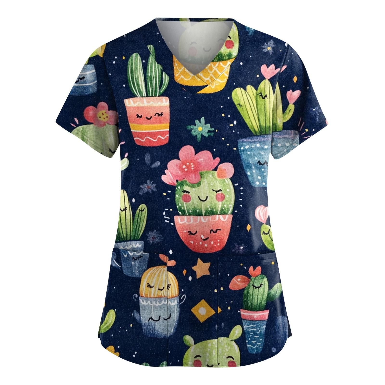 

Женская мода с коротким рукавом и милым принтом кактуса, V-образным вырезом и карманом, рабочая одежда, топ XXXXL