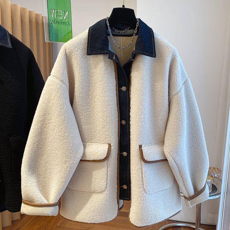 Women's Loose Fit Denim Patchwork Lambswool Jacket - Korean Style Autumn/Winter Plus Size Fur Top