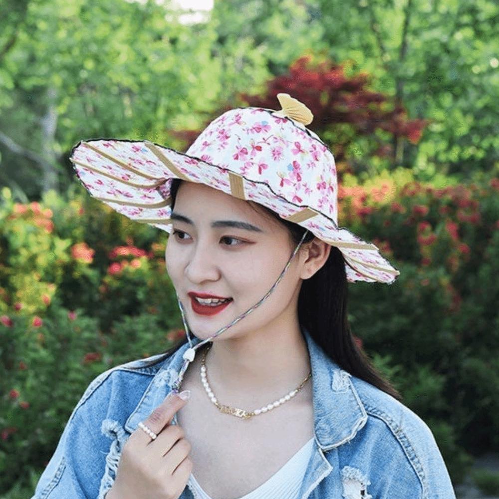 Floral Printed Fan Sun Hats Foldable Bamboo Sunscreen Cap Women Sunhat Folding Fan Hat  for Travel