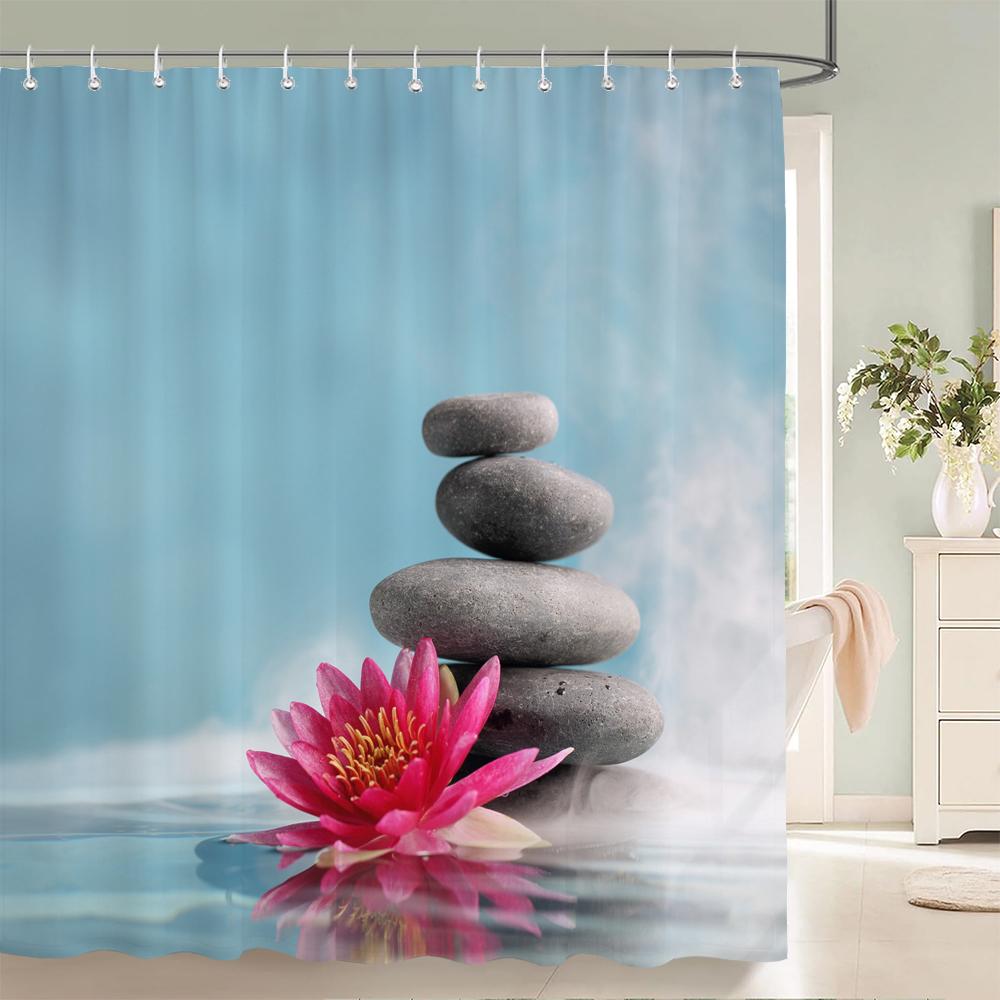 3D Flower Bamboo Pebble Water Green Plant Shower Curtain Waterproof Polyester Curtain Home Decoration Shower Curtain Zen Curtain