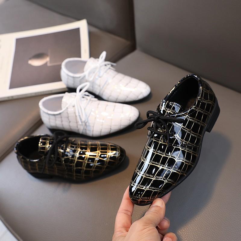 Children Loafers Glossy Lace-up 2024 New Simple Boys Leather Shoes Pointed Toe Versatile Kids Performance Shoe for Party Wedding