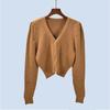 Puff Sleeves Short V-neck Sweater Female Fall and Winter K-style Classic Style Silm Long Sleeves Knitting Cardigan Outerwear Top