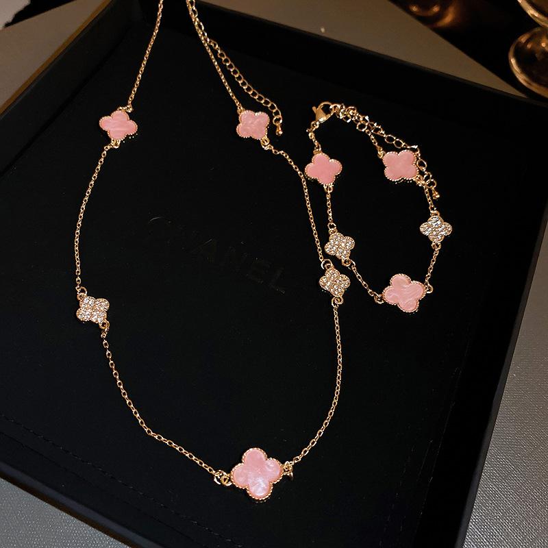 2-Piece Xiaoxiangfeng Acetate Plate Diamond Lucky Grass Bracelet Necklace Sweet Internet Celebrity Temperament Necklace