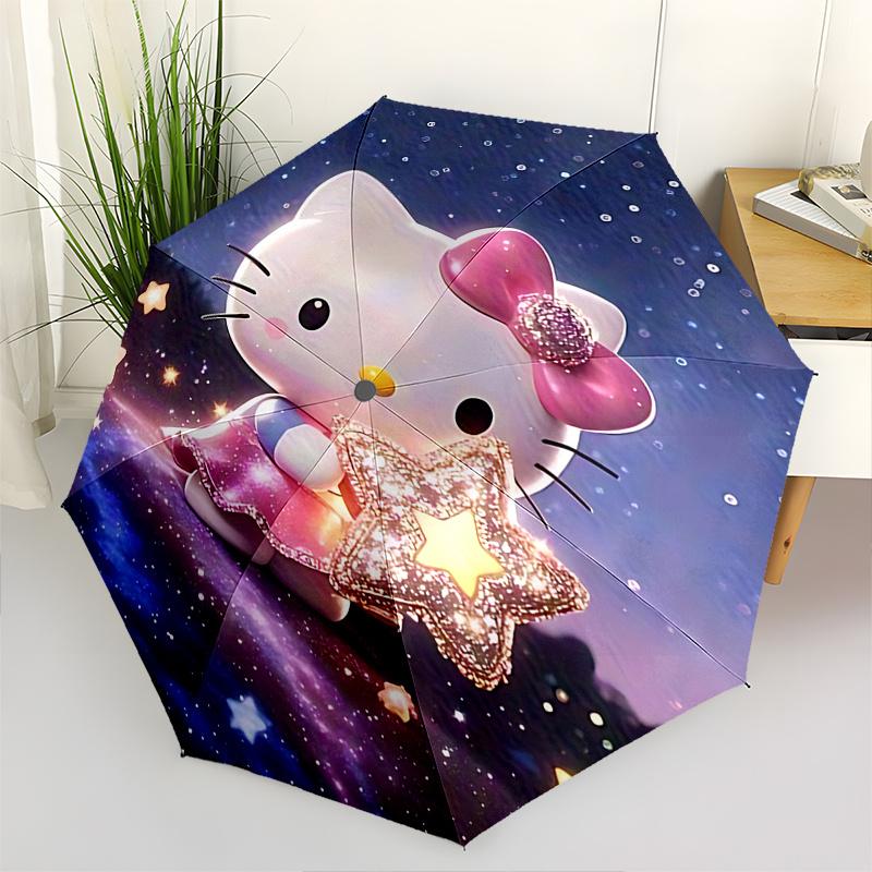 

1pc Hello Kitty Starry Night Automatic Folding Umbrella - Portable 3-Fold Design with Sparkling Stars, Perfect for Fans, Travel, Everyday Use, and Fes