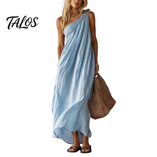 Talos Women's Summer One Shoulder Beach Sundress, Pleated A-line Flowy Long Dress, Casual Loose Travel Vacation Dress