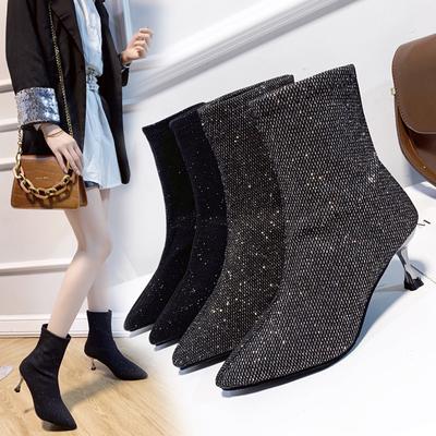 Damskor Stilett Högklackade Stövlar Spetsig Tå Stretchtyg Ankelstövlar, Enfärgade Mode Stövlar Plus Storlek, Bekväma Chic Klänningsstövlar för Kvinnor