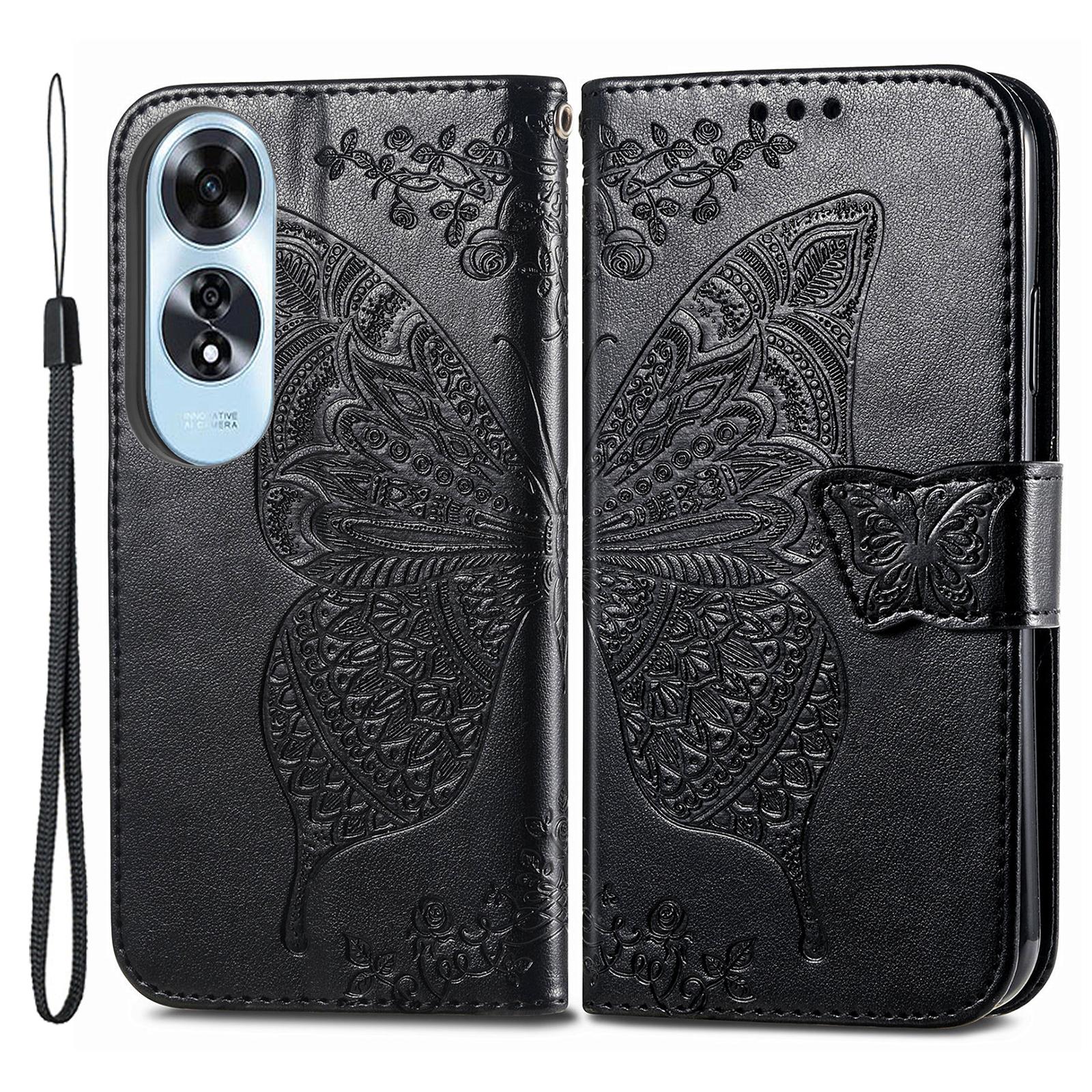 

Для Oppo A60 4G Чехол с тиснением бабочки из ПУ кожи, подставка, ремешок на запястье, кошелек, чехол для телефона Black