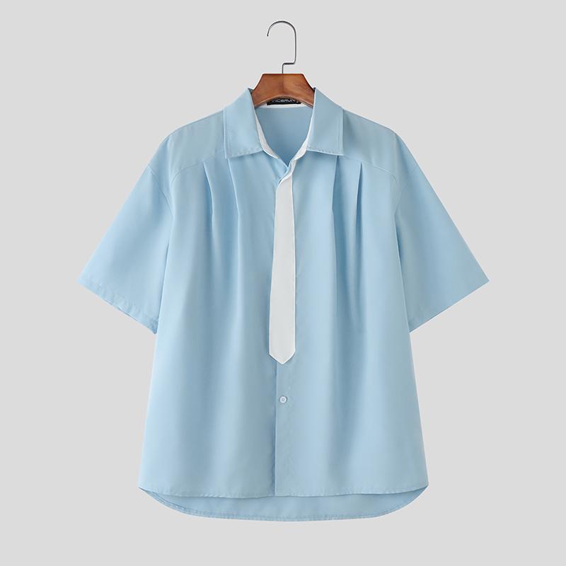 INCERUN Oversized Men Lapel Neck Short Sleeve Stitching Casual Loose Shirts