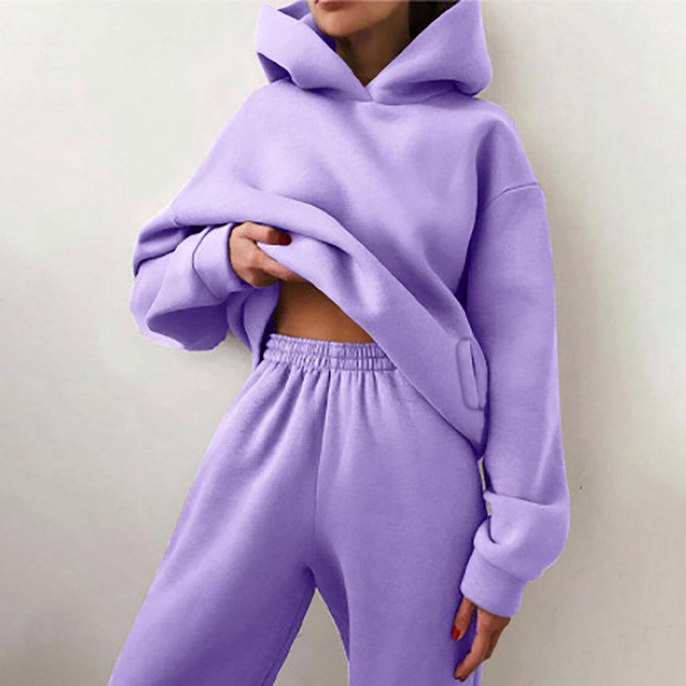 2026 cross-border foreign trade women's clothing, new spring models in Europe, America, solid color casual sports style hooded sweater trousers set