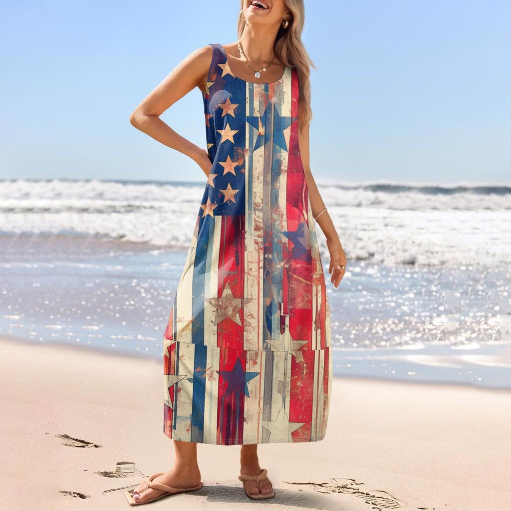 Women's Casual Long-length Sundress Summer Beach Dress Round Neck Sleeveless Loose Sundress
