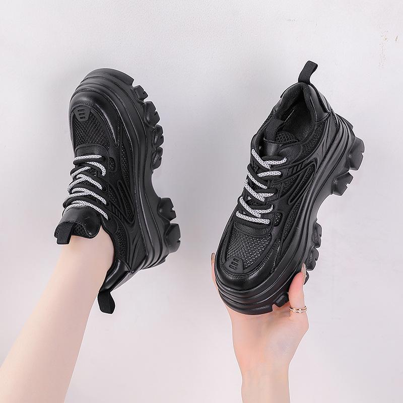 Women's Genuine Leather Height-Increasing Platform Dad Shoes - Breathable, Mesh, Hidden Heel for Autumn & Winter