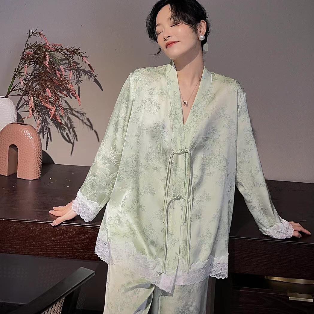 

Пижама из шелкового сатина для женщины, одежда для сна, рубашка с V-образным вырезом и длинным рукавом, брючный костюм, винтажный темперамент, домашняя одежда, комплект женской одежды XL зелёный