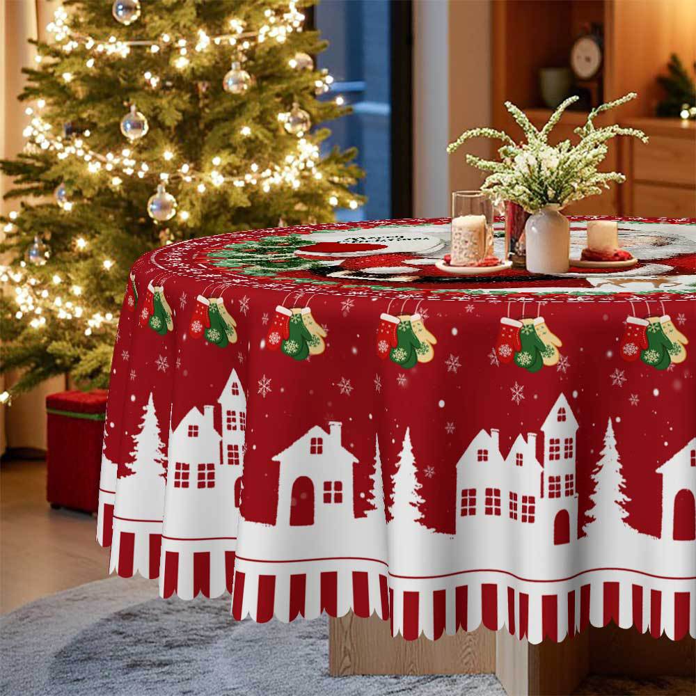 Winter Christmas Tablecloth Santa + Snow Town Red Base Color Printed Dining Table Cloth, Polyester Fabric