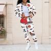 Women Plus Size White Printed Long Sleeve Stand Collar Cropped Varsity Jacket And Long Pants Two Piece Set
