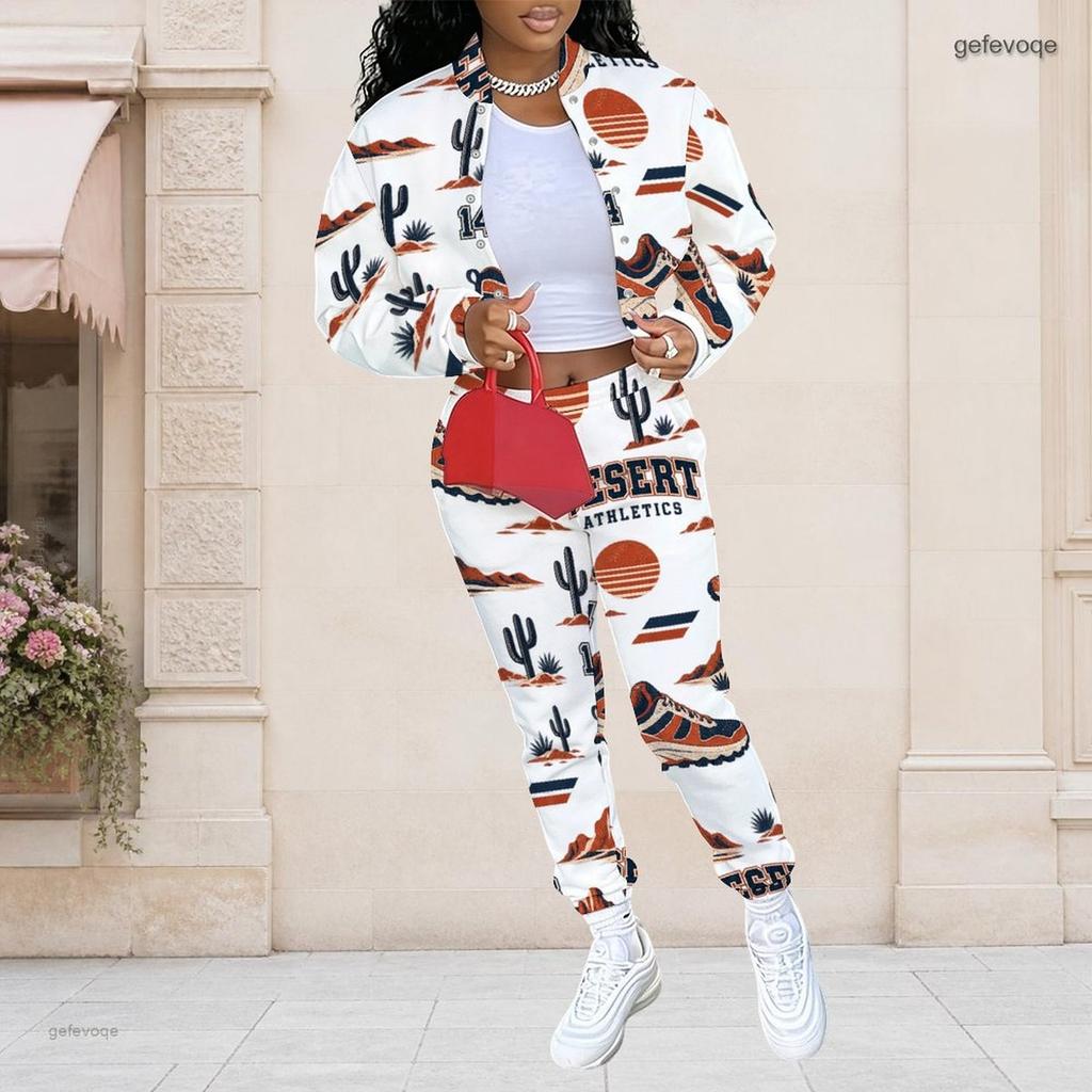 Women Plus Size White Printed Long Sleeve Stand Collar Cropped Varsity Jacket And Long Pants Two Piece Set