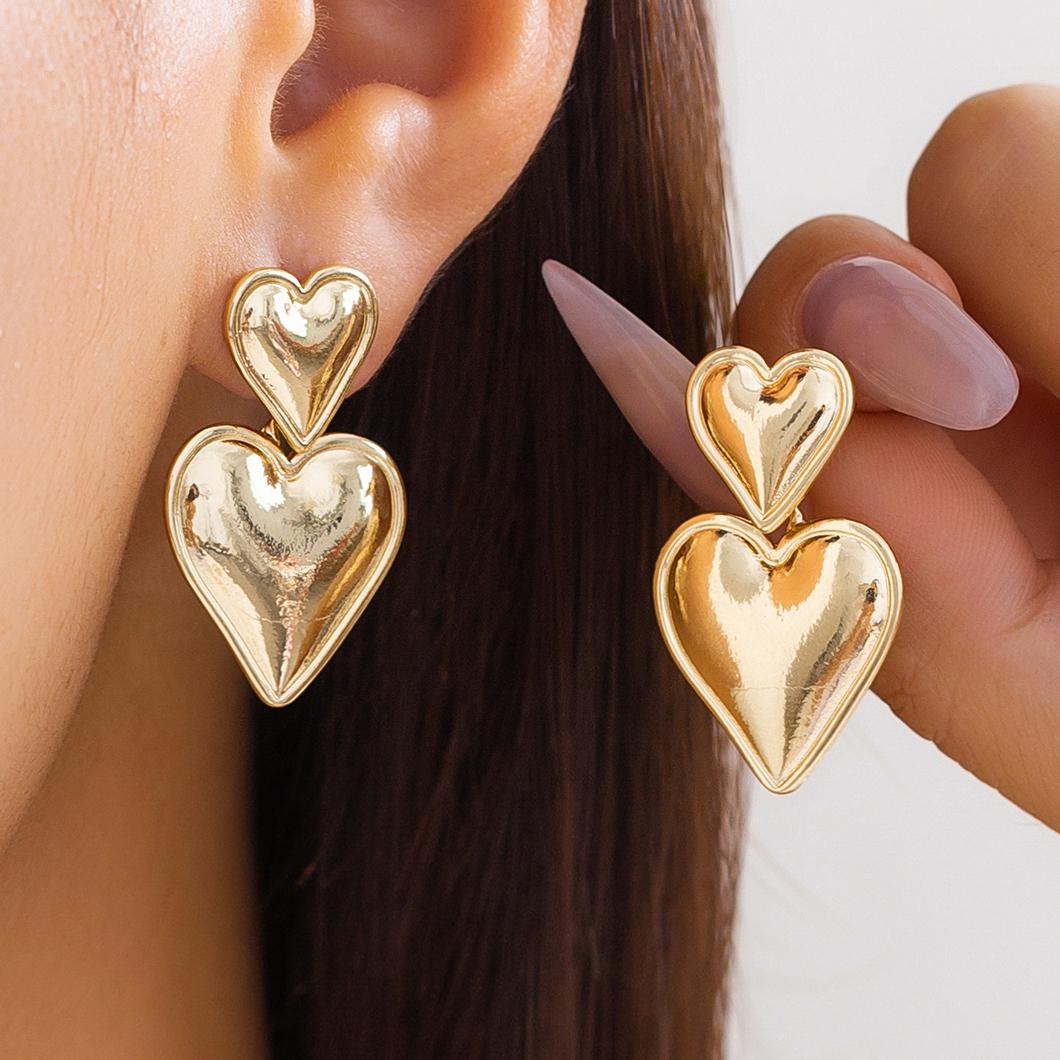 Punk Elegant Double Love Heart Drop Earrings for Women Gold Color Glossy Smooth Metal Hanging Piercing Earrings Friends Jewelry