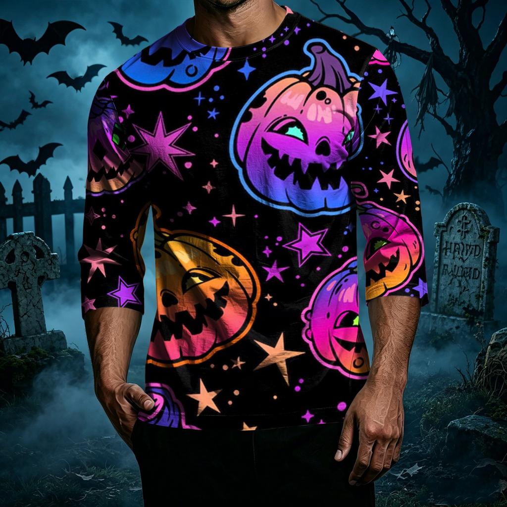 Men Casual Halloween Print Raglan Sleeve T Shirt Crew Neck Three Quarter Sleeve Top Lightweight Comfortable Fit