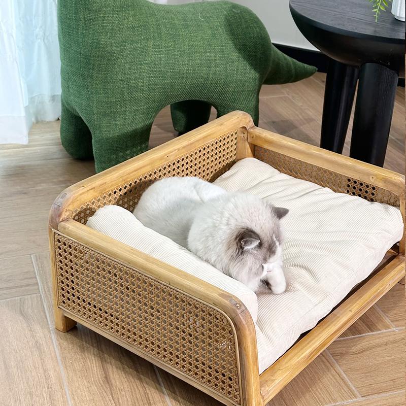 Handgeflochtenes Rattan Katzenbett Sommer Atmungsaktiv Haustier Sofa Multifunktionale Katzenhängematte Platzsparend Minimalistisch Liege für Wohnzimmer