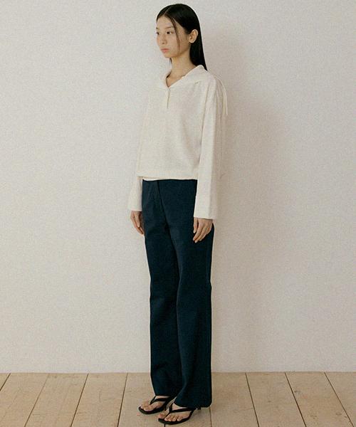 Lingseoul Button Classic Cotton Pants-Navy
