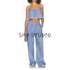 Retro Style Stripes Bows Decorative Sling Tops Casual Elastic Waist Shorts Loose-Fitting Wide-Leg Trousers