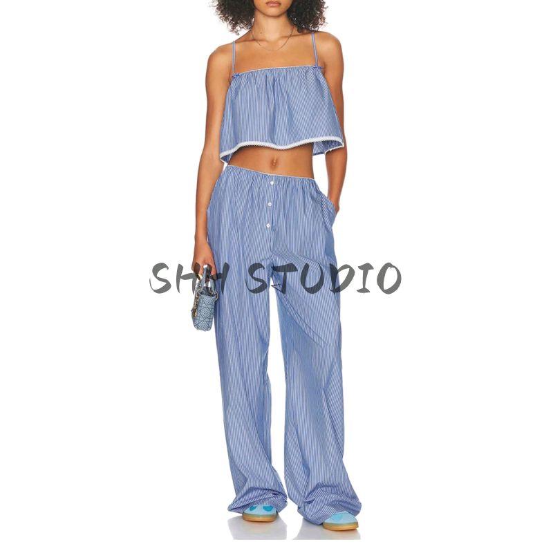 Retro Style Stripes Bows Decorative Sling Tops Casual Elastic Waist Shorts Loose-Fitting Wide-Leg Trousers