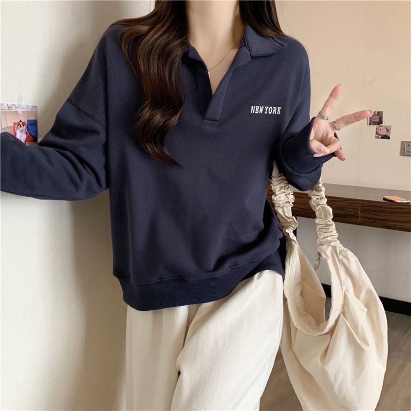 Autumn and Winter Thin Section of Long-sleeved T-shirt Female Polo Shirt Thin Age Reduction Letter Print Loose Hundred Lapel Sweater