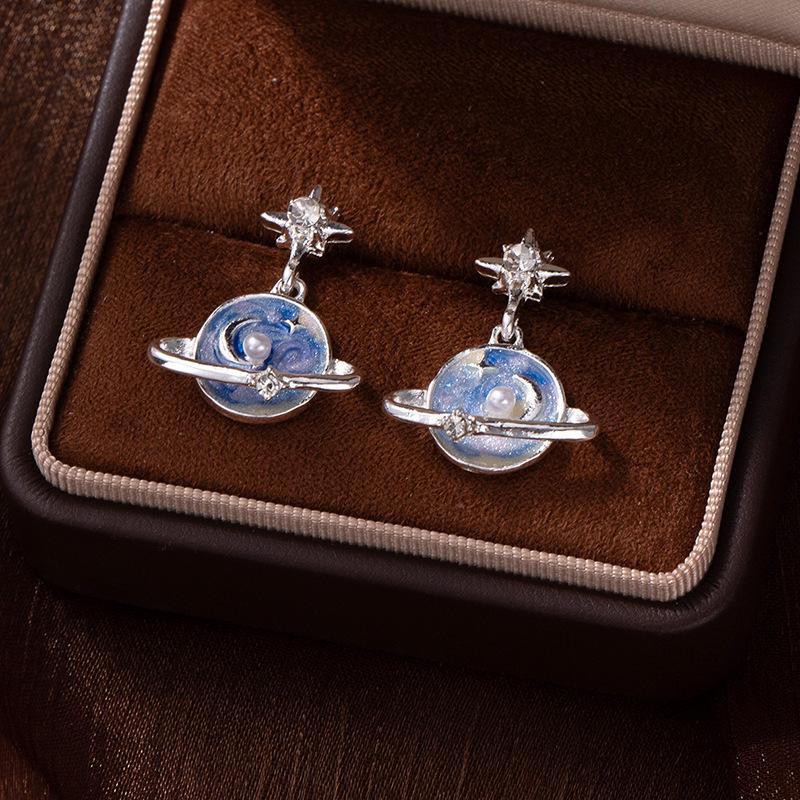 Simple Starry Sky Pendant Earrings Blue Planet Double Star Moon Earrings Silver Earrings Imitation Silver Needle Ear Jewelry