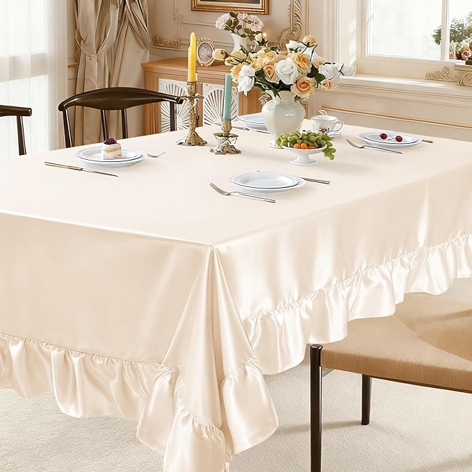 Gold Satin Tablecloth Rectangle Ruffled Table Cover,Ruffle Table Skirt for Kitchen Dining Weddings Dining Table Home Decoration
