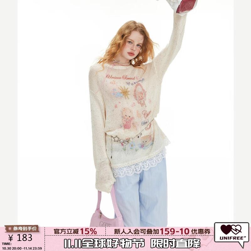 

UNIFREE Women s Cat Print Lace Trim Loose Knit Sweater L
