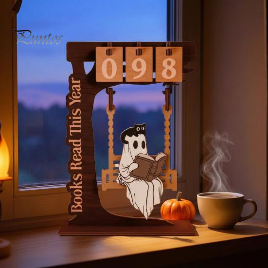 Unique Gift for Book Lovers Halloween Read This Year Counter, Funny Ghost Swing Wooden Ornament, Inspired Bookish Decor Gothic Reading Figurine