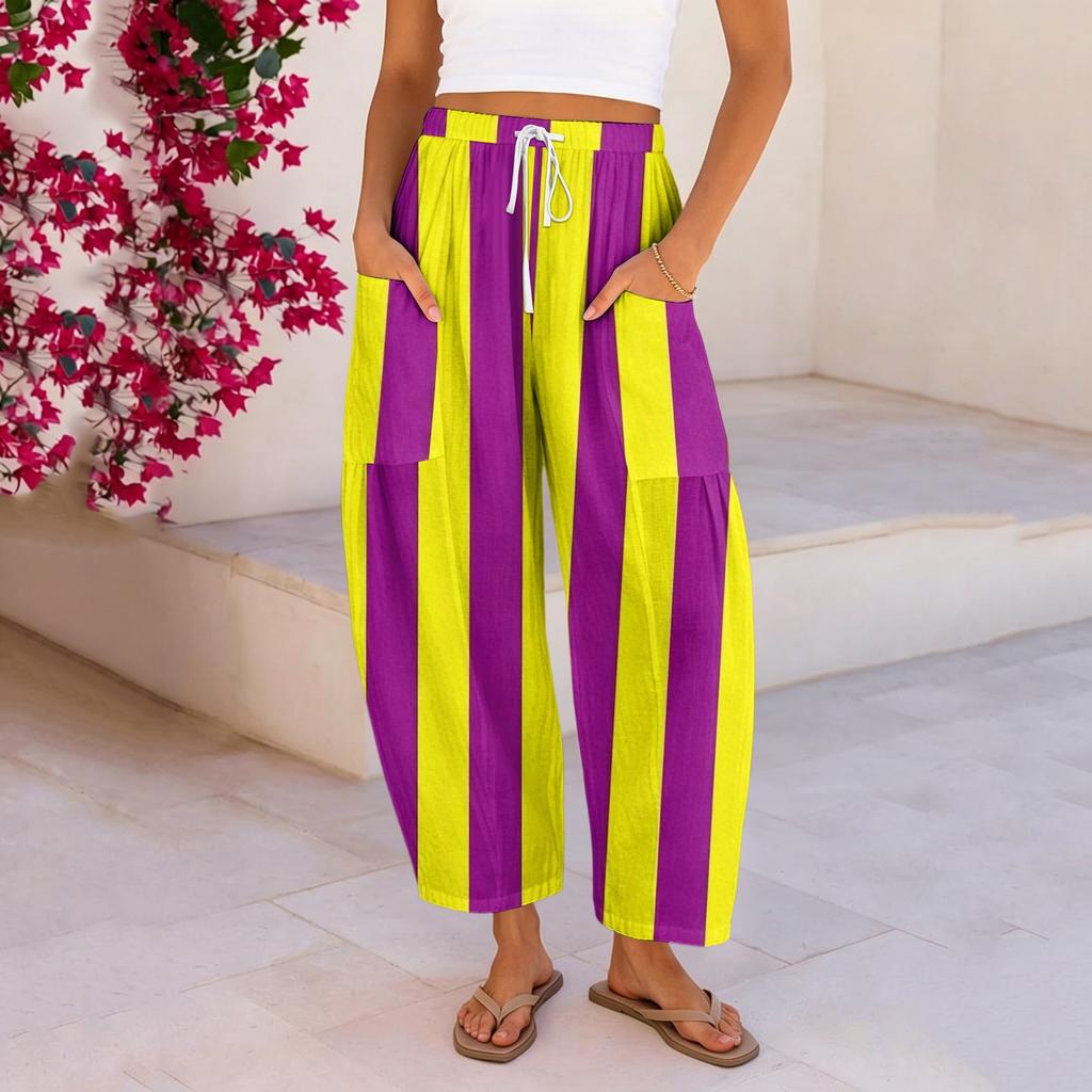 Women's Linen Pants with Pockets, High Waist Loose Fit Plus Size Cotton Casual Pants