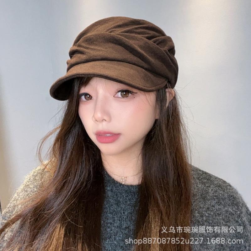 Cotton and Linen Pleated Peaked Cap Women's Autumn and Winter Warm Face Small Equestrian Hat Versatile Painter Newsboy Hat