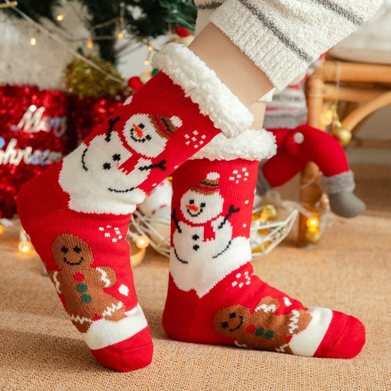 Winter Christmas Themed Women Lamb Fleece Floor Socks, Adult Non-Slip Indoor Snow Socks for Home Carpet