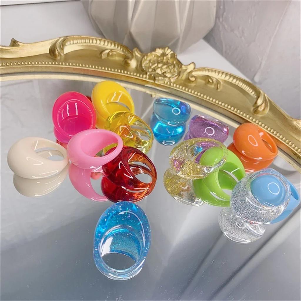 Retro  Cool Colorful Clear Resin Oval Rings Charm Acrylic Water Droplets Shape for Women Girls Travel Summer Popular Jewelry