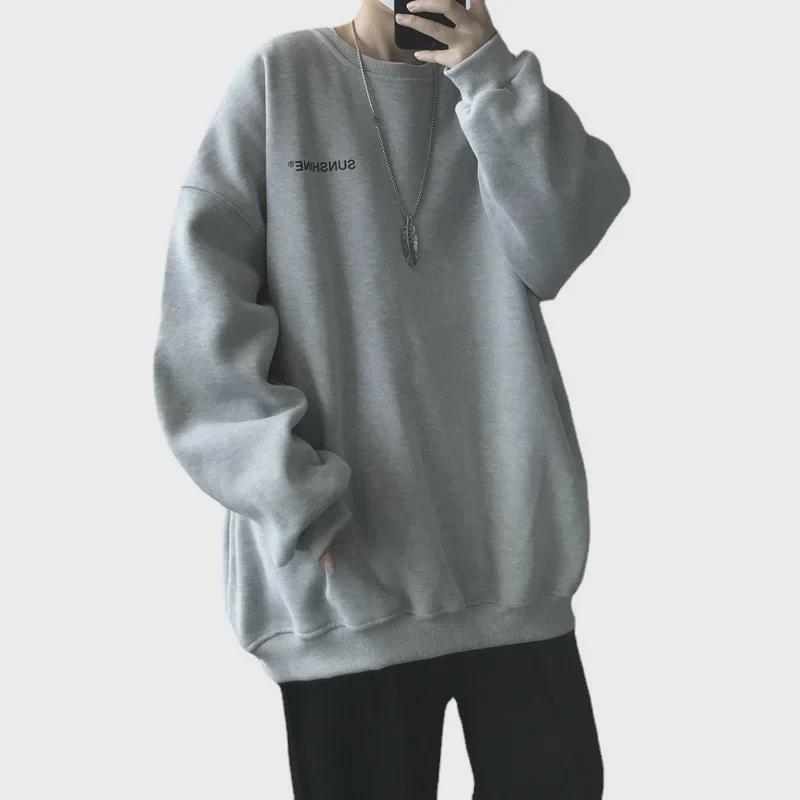 Men's Black Velvet Sweatshirt - Trendy, Loose-Fit, Round Neck for Spring/Autumn